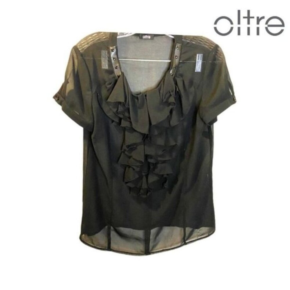 oltre Women's Victorian Sheer‎ Ruffle Short Sleeve Blouse